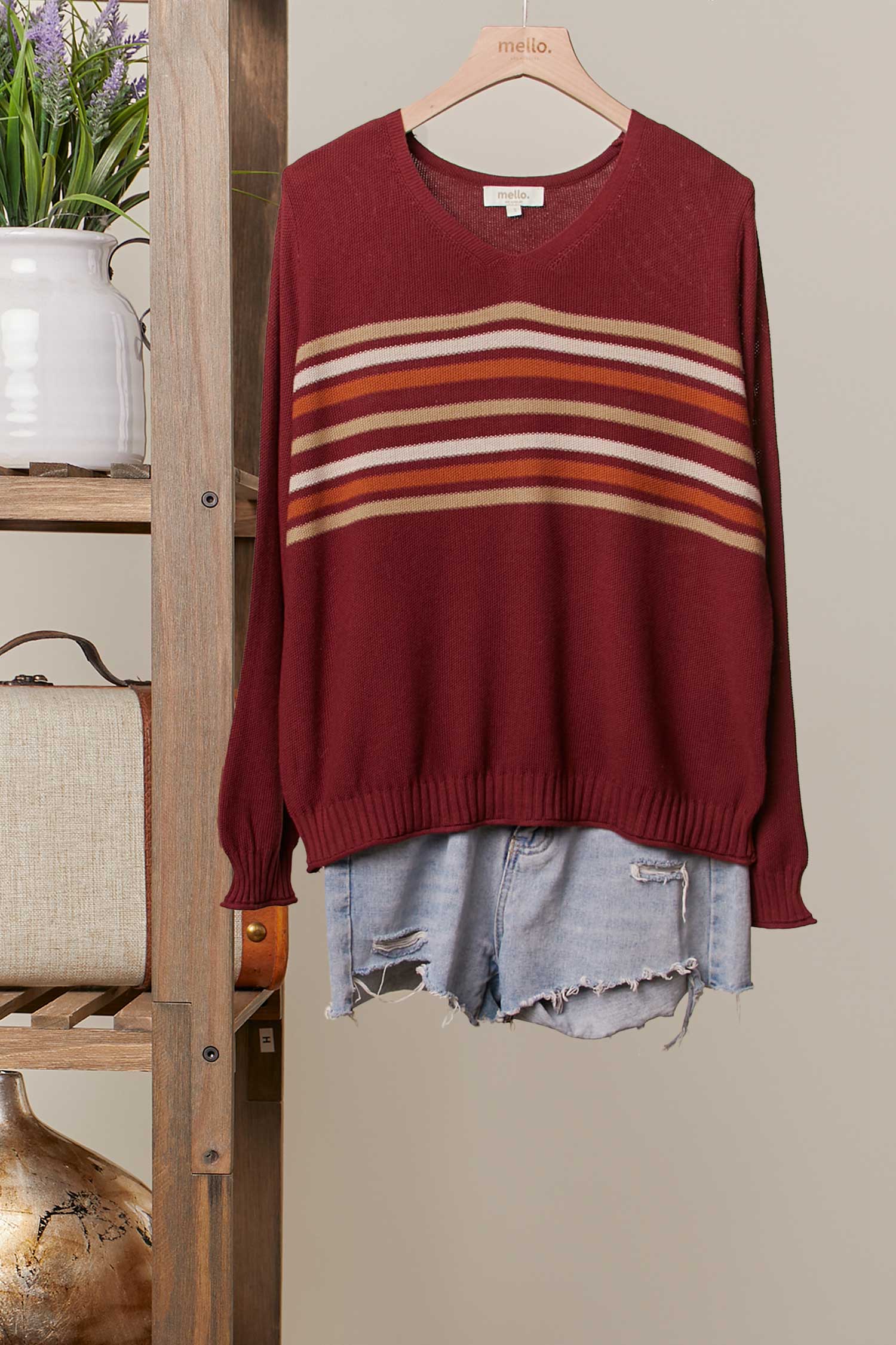 Mello. - Vente Pull en maille – femme - Pull léger en maille rayée5