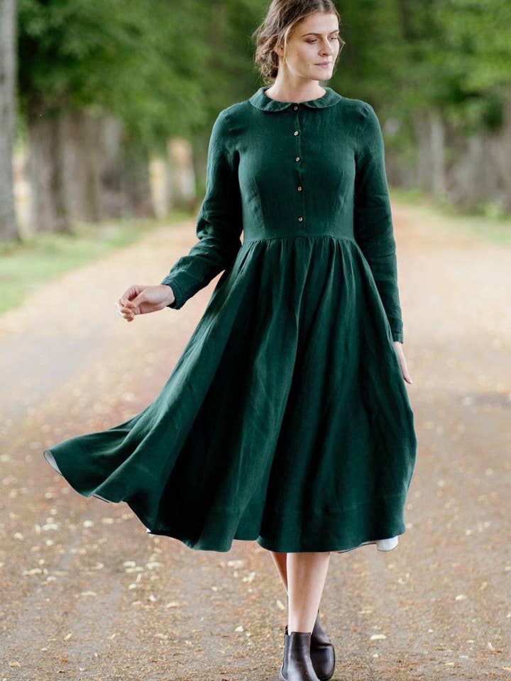 Night Garden Classic – Midi Linen Dress with Peter Pan Collar for wholesale on Faire12