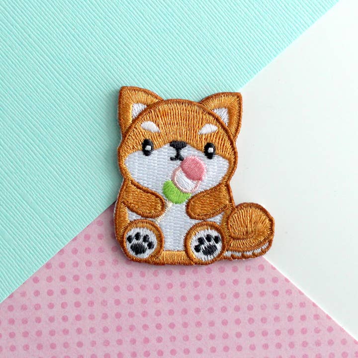 Shiba Inu holding Dango Embroidered Patch. Dog Iron On Patch for wholesale by Wild Whimsy Woolies