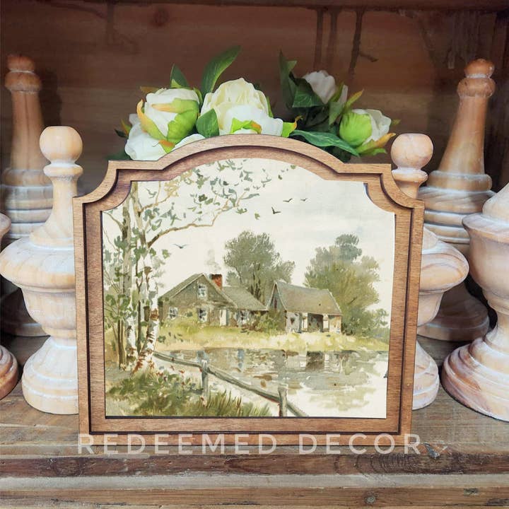 Redeemed Decor - Wholesale Decorative Tabletop Object - Provincial Muted Farmhouse Pond Framed Art