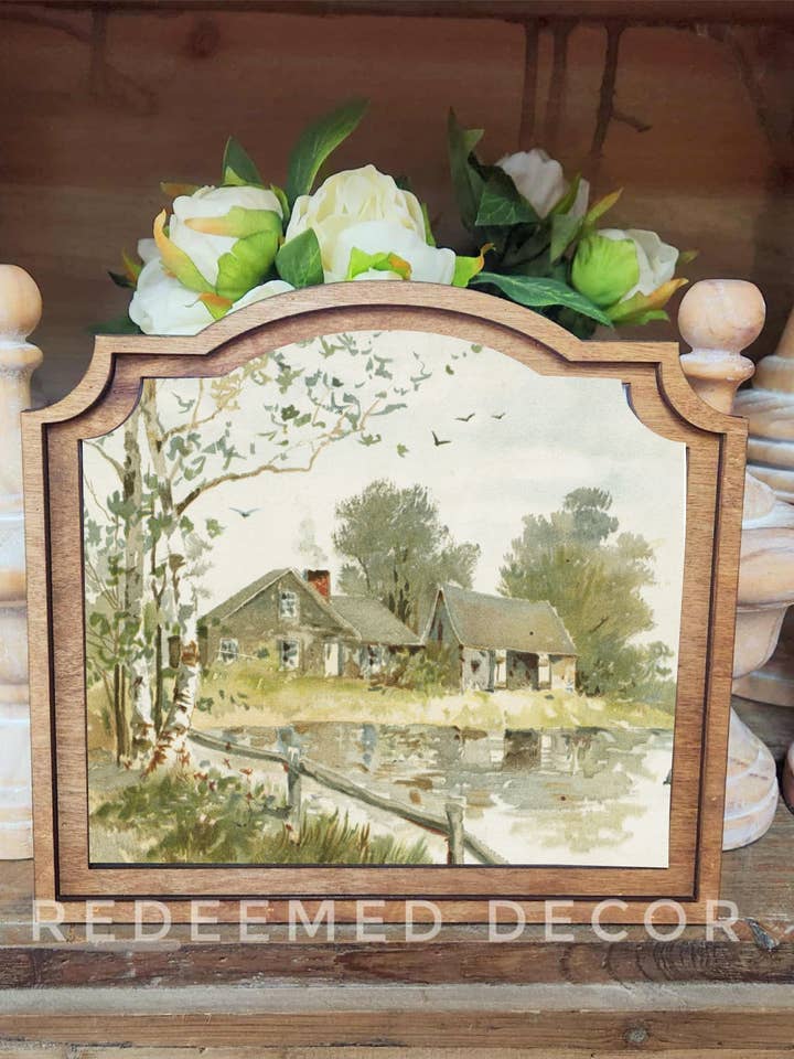 Arte enmarcado de estanque de casa de campo provincial en tonos apagados para venta al por mayor de Redeemed Decor