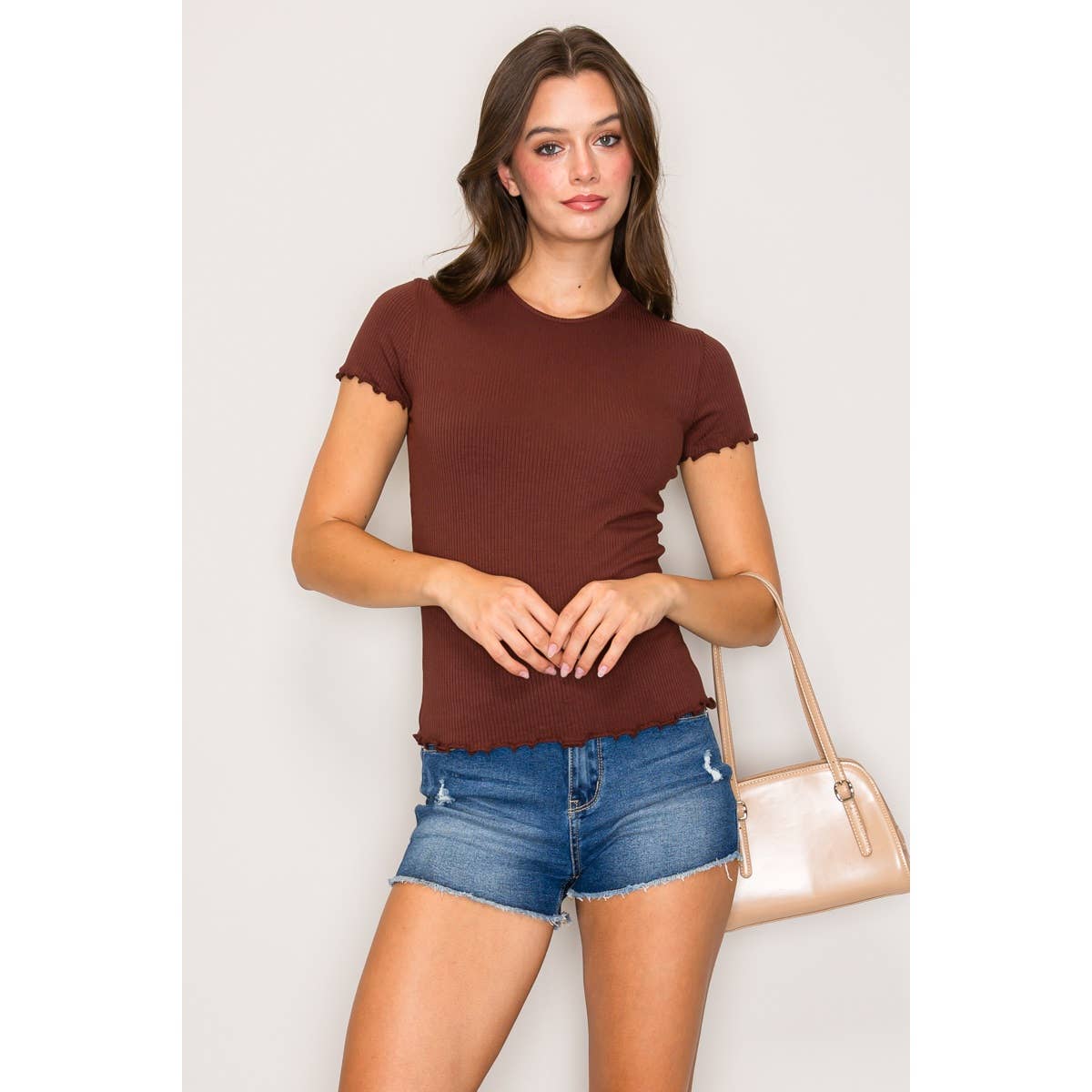 Popular 21 - Wholesale Knit Top - Women's - Short Sleeve Lettuce Hem Crew Neck Rib Knit Tee1