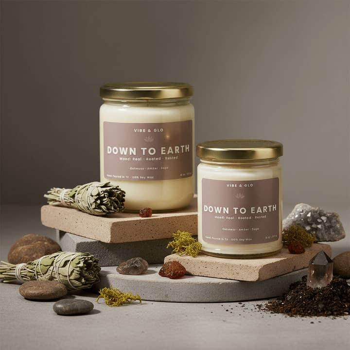 Down to Earth – Amber Sage Wooden Wick Soy Candle for wholesale by Vibe & Glo Candle Studio