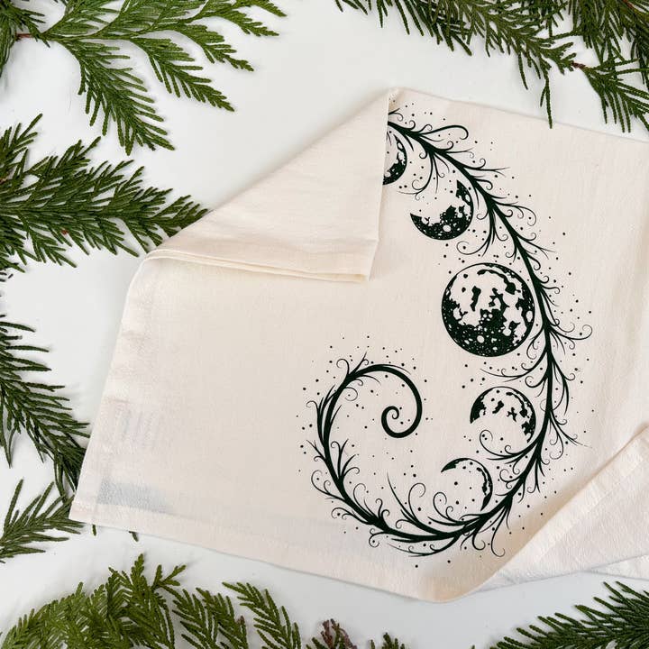 Tea Towel / Whimsy Moons / Dark Green /Kitchen Towel for wholesale by Your Green Kitchen