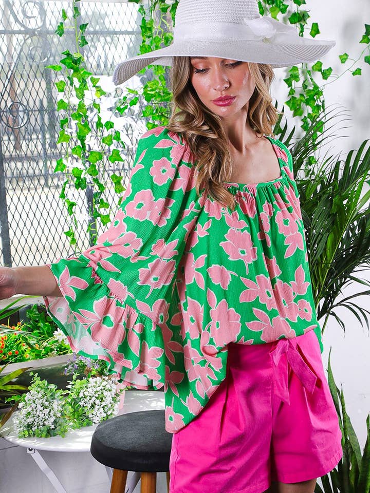 Square Neck Flutter Sleeve Floral Woven Top VT60485A- for wholesale by Vine & Love