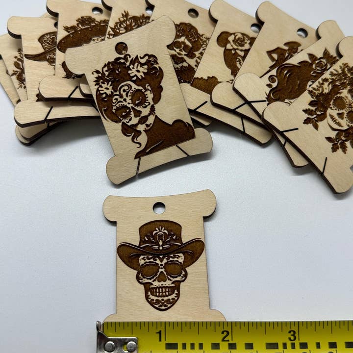 Velvet Guillotine - Wholesale Embroidery/cross-stitch supplies - Sugar Skull Wooden Bobbins: Laser Engraved Floss Organizer6