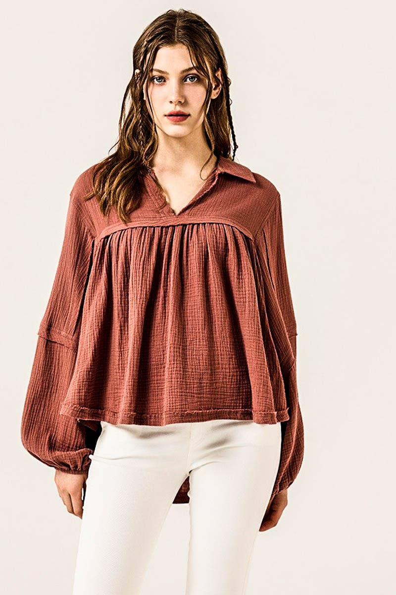 noflik - Wholesale Blouse - Women's - Plus  Bubble Slv Cotton gauze Babydoll Blouse- INT1070P_2