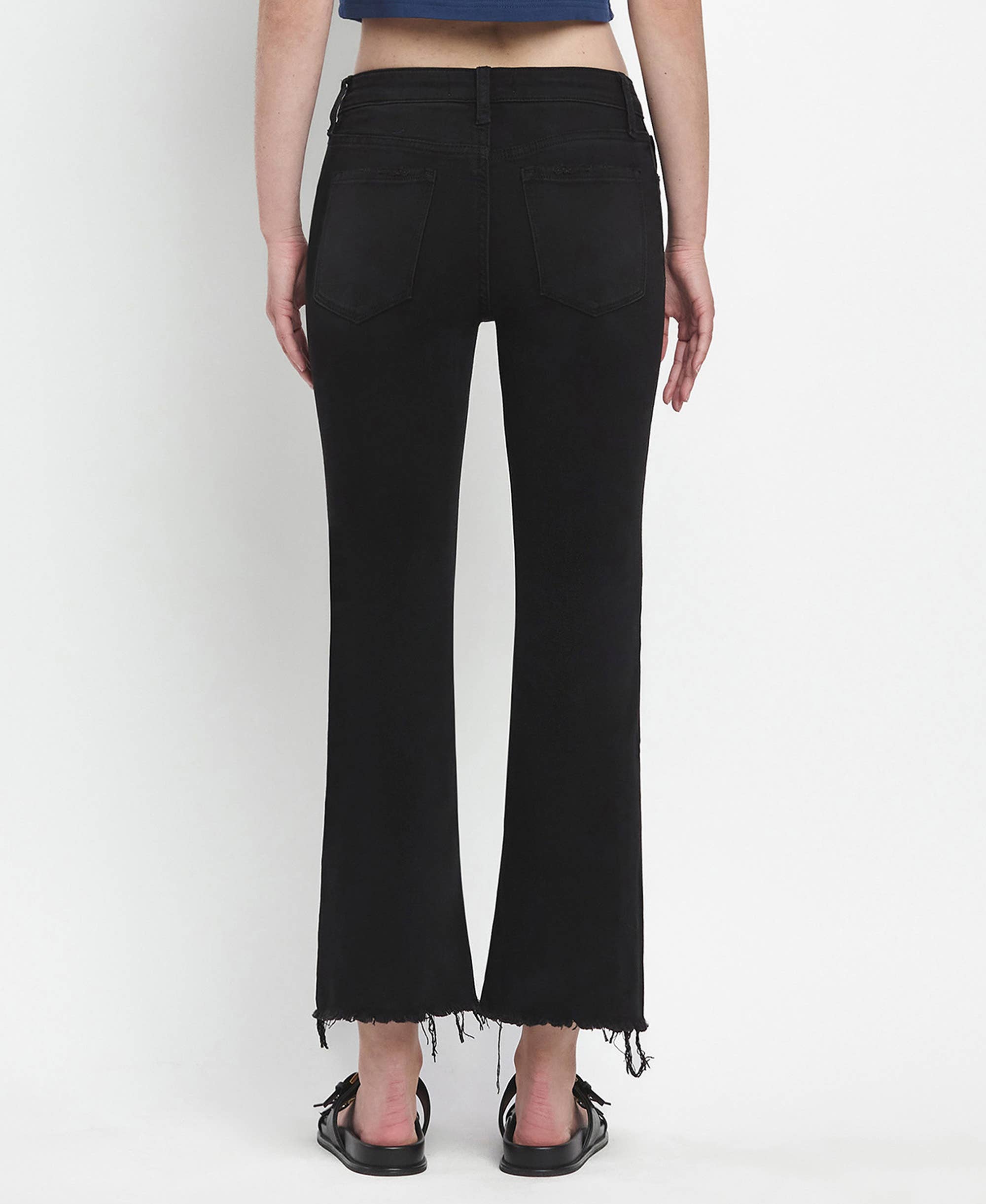 GRANDEUR MID RISE RAW DISTRESSED HEM CROP FLARE JEANS LV1145 for wholesale on Faire1