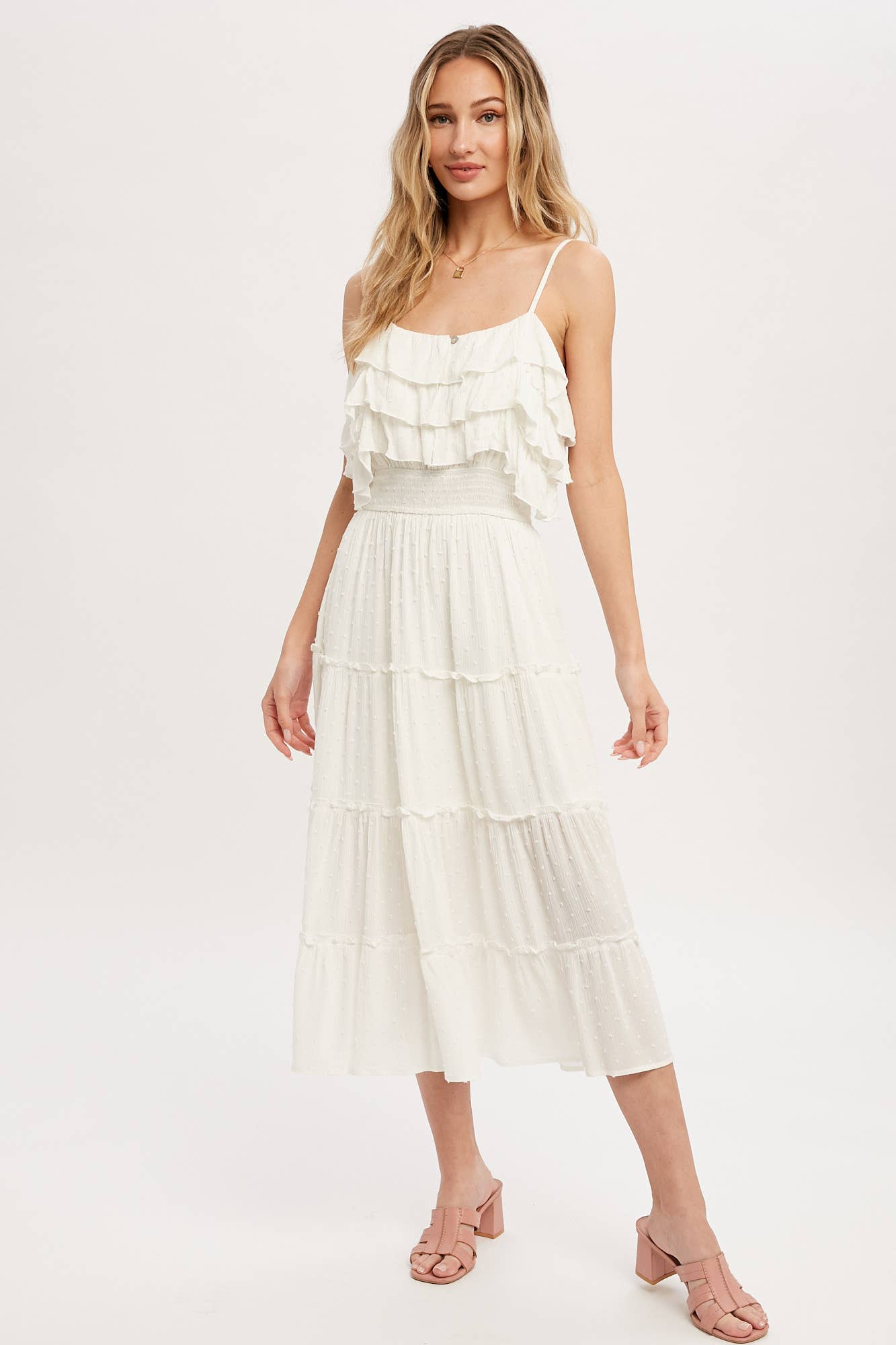 Bluivy – Großhandel Kleid – Damen – GESTUFTES MIDIKLEID MIT SCHWEIZER PUNKTEN UND RÜSCHEN1