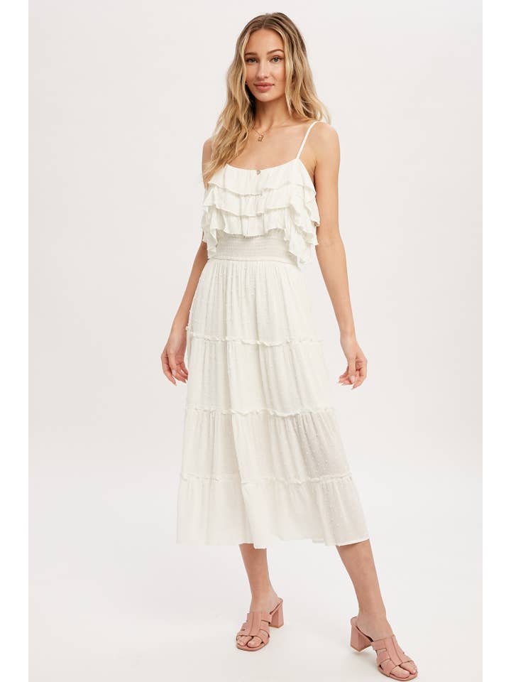 Bluivy – Großhandel Kleid – Damen – GESTUFTES MIDIKLEID MIT SCHWEIZER PUNKTEN UND RÜSCHEN1