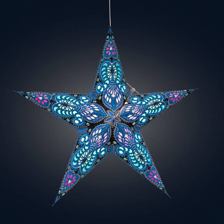 Artschatz LLC - Wholesale Paper Lantern/Lamp - Phoenix ~ 5 Pointer, 24 inch, Blue Paper Star Lantern Light