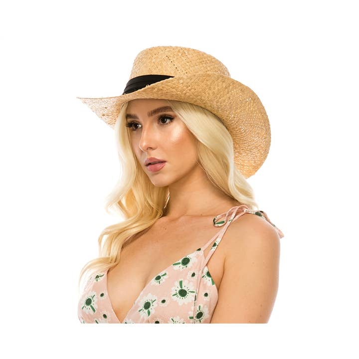 Handmade Raffia Straw Cowboy Gambler Hat for wholesale by DNMC