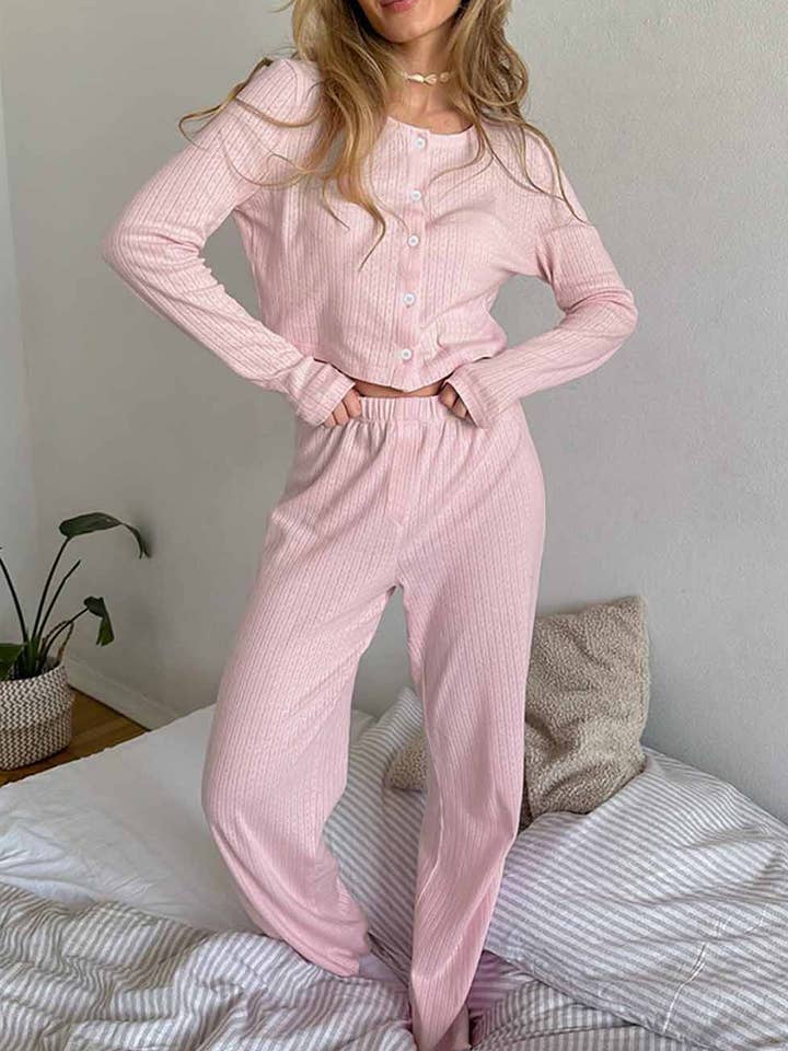 Set pigiama a maniche lunghe in maglia a tinta unita DP25F867 per la vendita all'ingrosso da parte di Dipped Shop