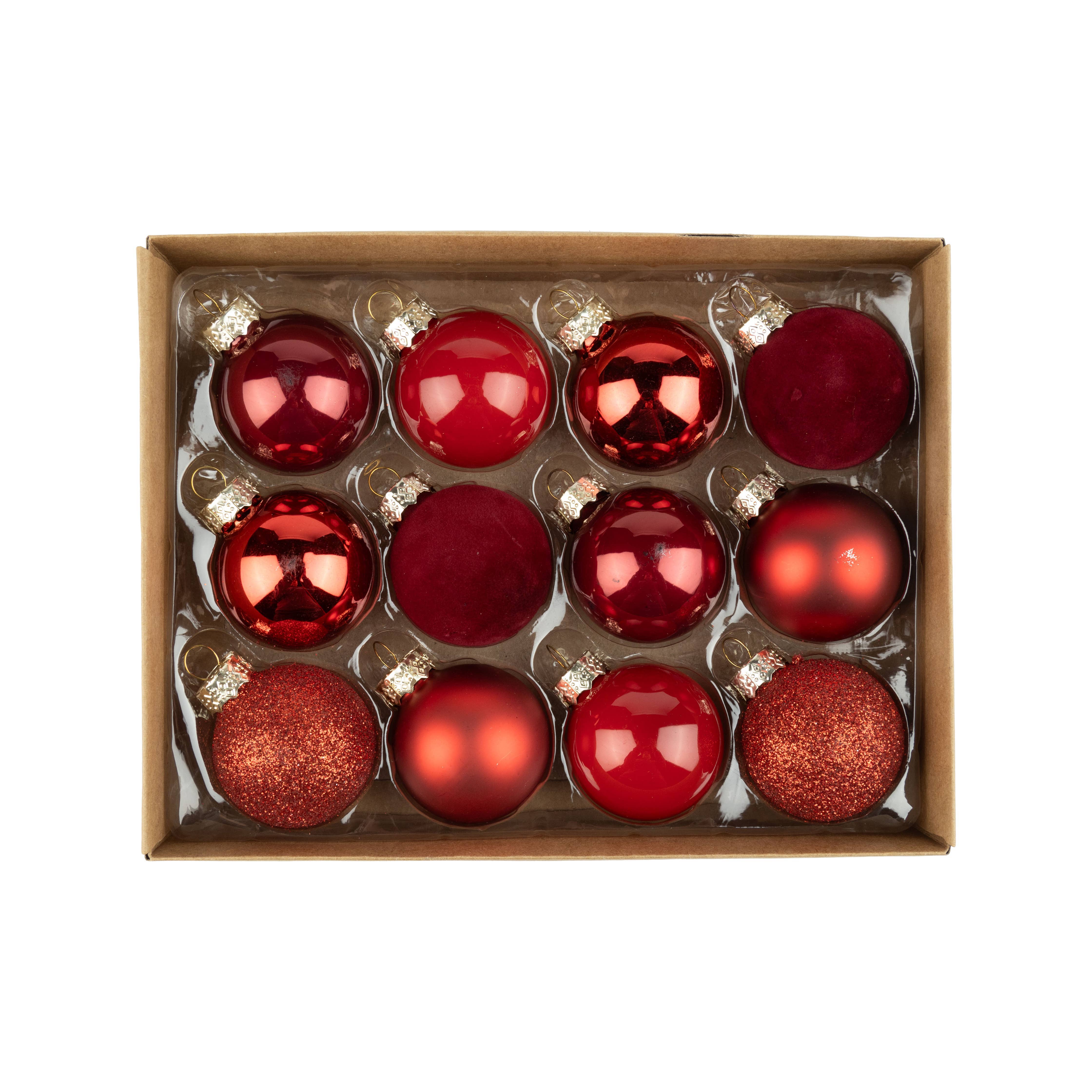 Silver Tree Home & Holiday - Wholesale Ornament - A33000: Set 12 gls ball orn,shny,mat,flk rd,box,plstc,1.5in0