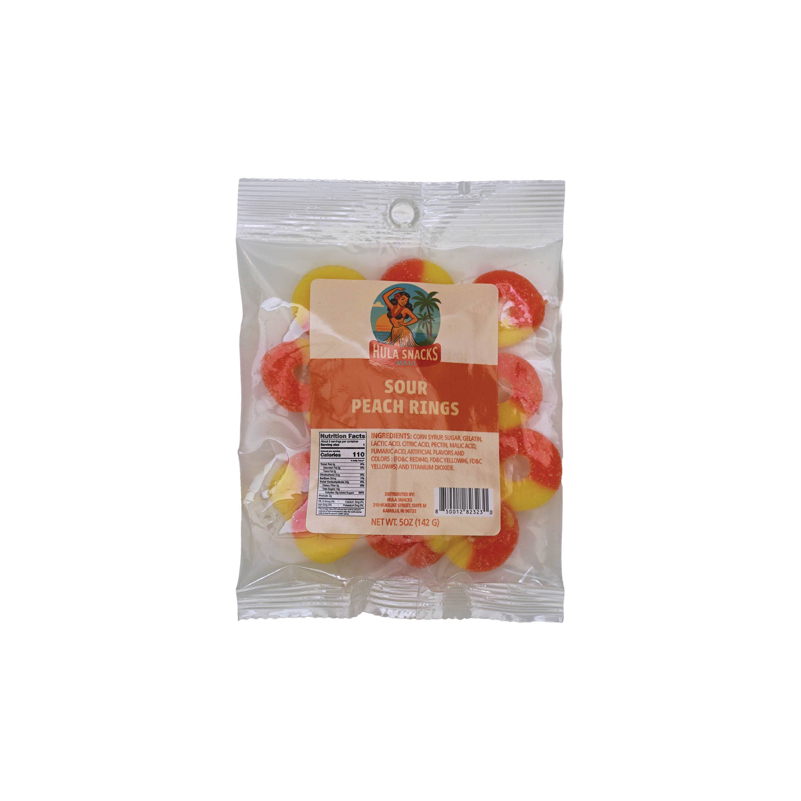 Hawaiian Sweets - Wholesale Gummy - Hula Snacks - Sour Peach Rings - 5 oz