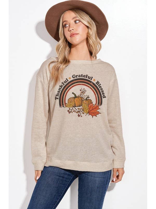 Haut à manches longues en tissu éponge à imprimé Thankful pour la vente par Lemon Tree