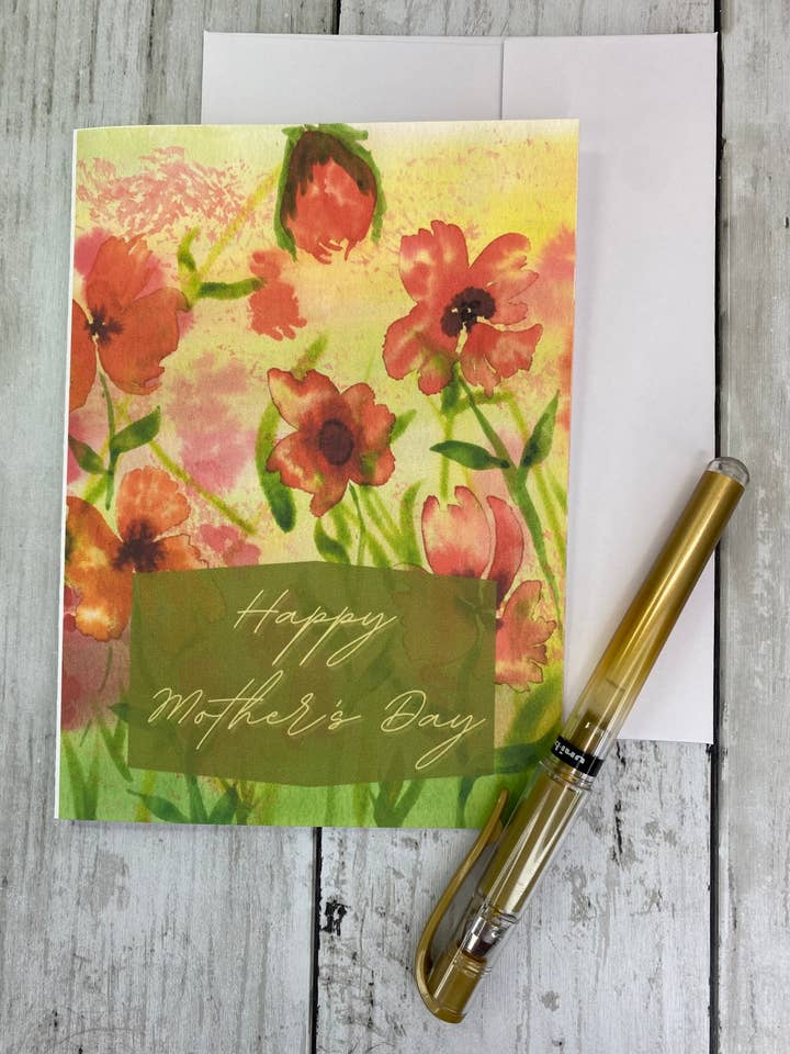 Mothers Day Card, Red Floral Design, for wholesale by Lone Fir Artisans