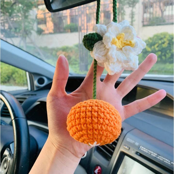 Crochet Cute Gardenia Flower Orange Car Mirror Hanging Charm for wholesale by TOMOPOD LLC