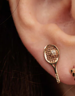 HoopLa - Wholesale Stud/Post Earrings - Tennis Racket Stud Earrings. CZ mini flower- Sterling Silver1