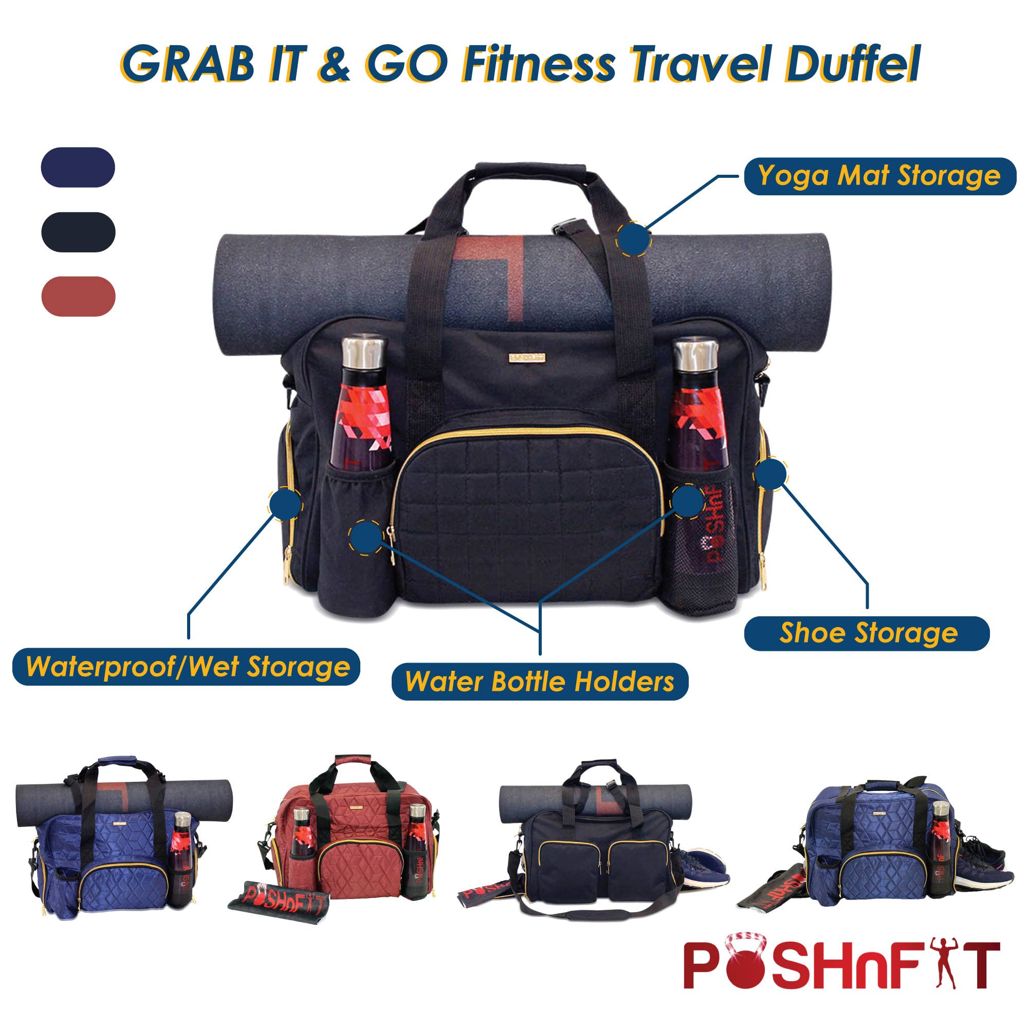 POSHnFIT - Wholesale Weekender Bag - Women's - "GRAB IT & GO" Fitness Travel Duffel-Non-Quilted Outer8
