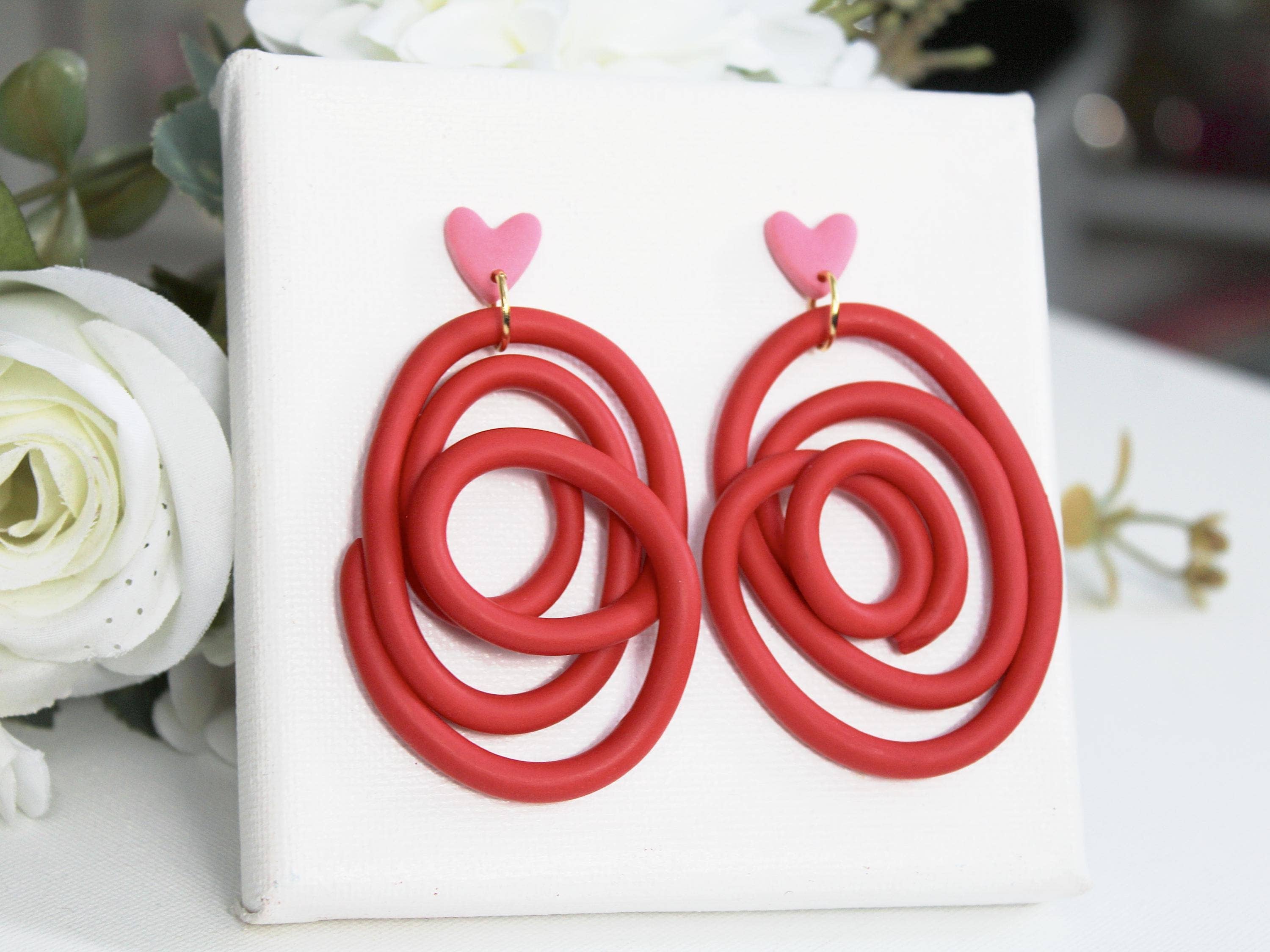 Studio Niani - Wholesale Dangle Earrings - Red Spiral Polymer Clay Earrings with Pink Heart Studs, Gift1