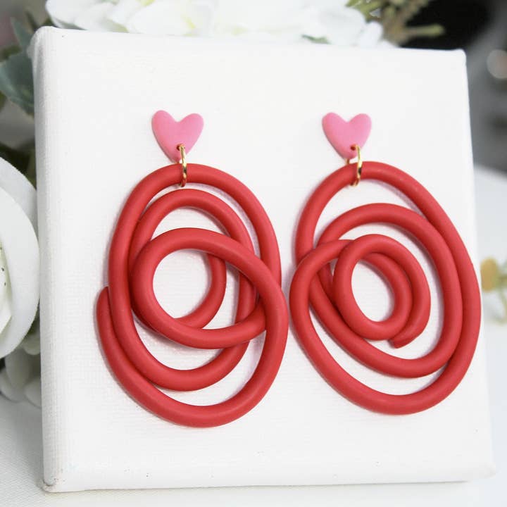 Studio Niani - Wholesale Dangle Earrings - Red Spiral Polymer Clay Earrings with Pink Heart Studs, Gift1