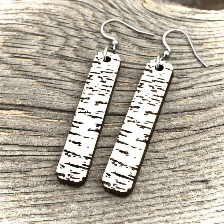 Birch Engraved Wooden earrings, long vertical bar for wholesale by Be Inspired UP