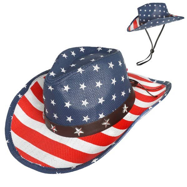 anbfashion - Vente Chapeau de cowboy – femme - CHAPEAU DE COWBOY À ÉTOILES ET RAYURES PATRIOTIQUES FLAG USA HTP2817