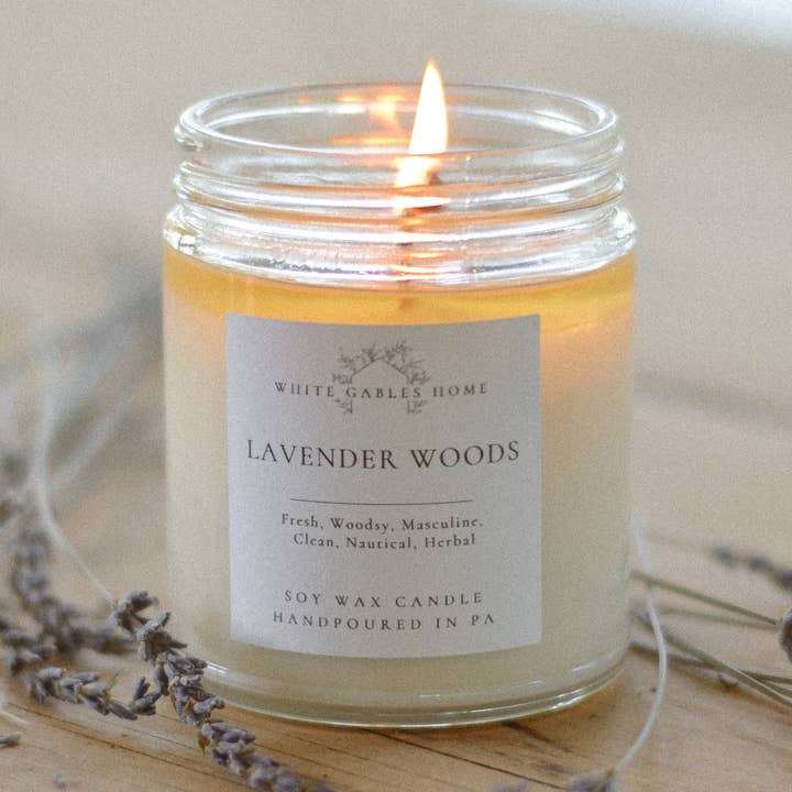 Lavender Woods Handpoured 8 oz. Soy Candle | Made in USA for wholesale by White Gables Home By Aimee Weaver Designs