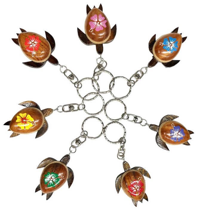 DK Hawaii - Vendita all'ingrosso Portachiavi - Unisex - Portachiavi Tartaruga in Legno con Fiore di Ibisco