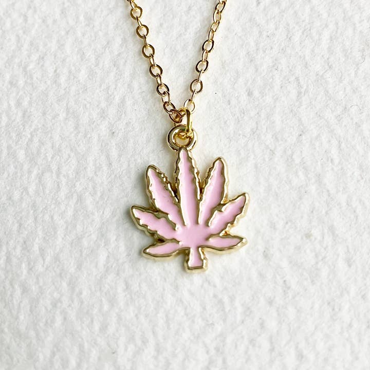 Cute 16K Gold Pink Weed Leaf Enamel Necklace 420 Cannabis for wholesale by Smokies Toke Couture