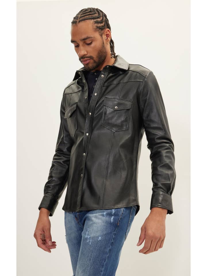 Men's Genuine Lambskin Leather Shirt - Black for wholesale on Faire15