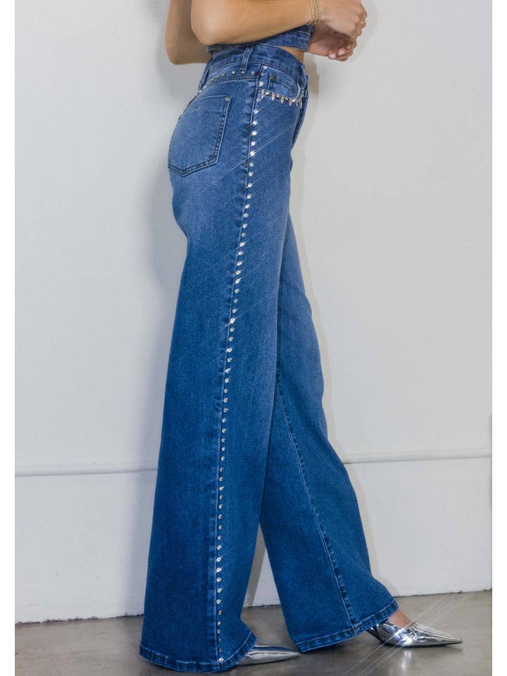 Medium Stone Rhinestone High-Rise Wide Leg Jeans for wholesale on Faire5