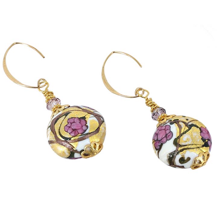 Brincos florais de pérola veneziana rosa e dourada|Feito à mão | Italiano por atacado de Viktoria Simonë