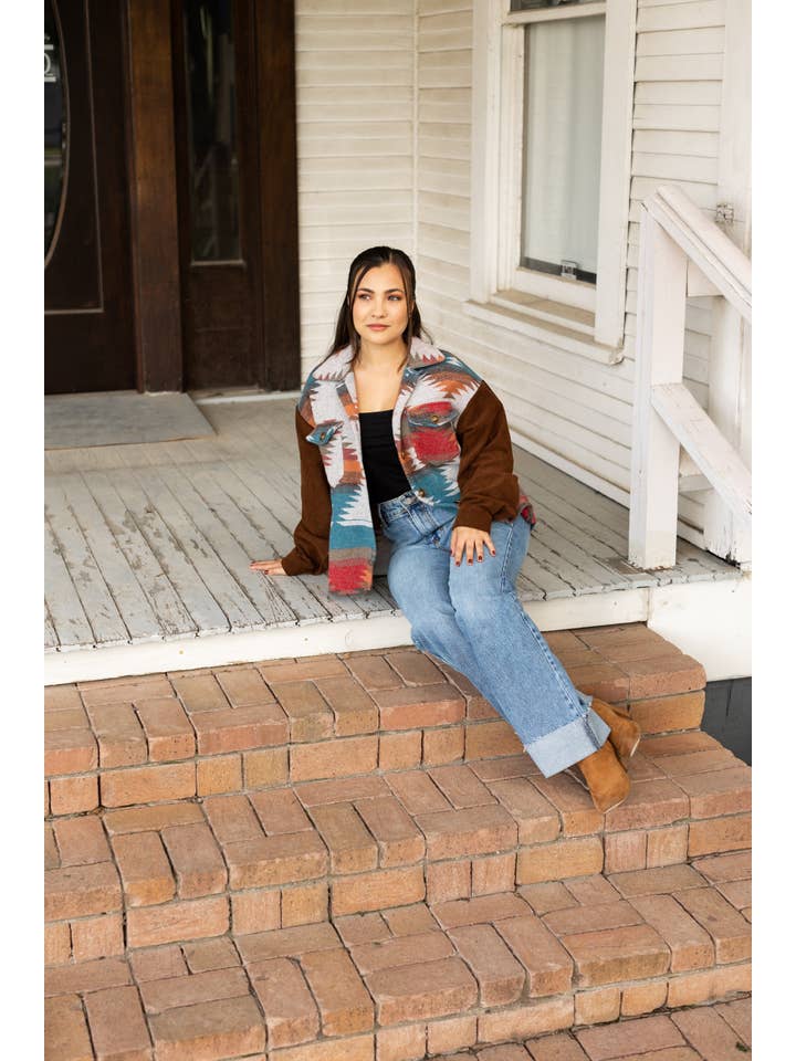 Brown Corduroy Canyons Aztec Print Shacket for wholesale on Faire
