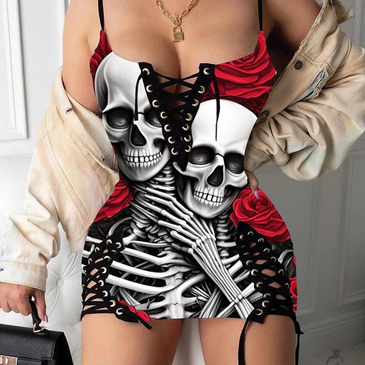 Black Love Skull Rose Print Sexy V-neck Eyelet Lace-up Suspension Dress for wholesale on Faire