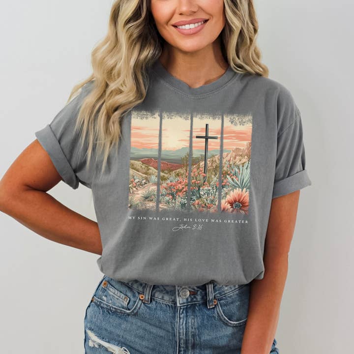 My Sin was Great His Love Was Greater Faith Graphic Tee for wholesale by J. Mack Designs