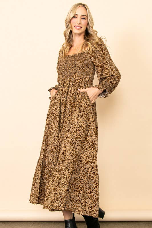 Elloh Collection - Wholesale Dress - Women's - Flowy Leopard Print Square Neck Smocked Maxi Dress w Pockets3