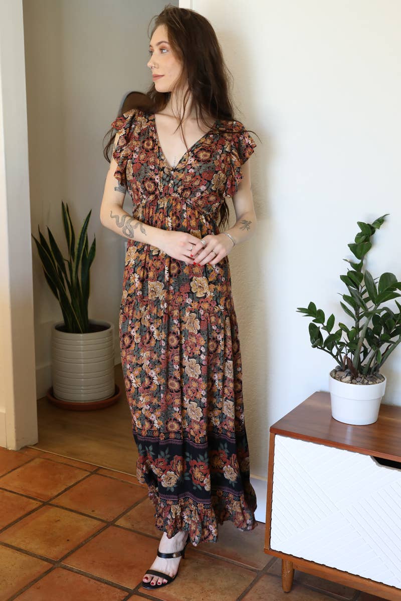 ANGIE - Wholesale Dress - Women's - F4G10-FQ54 V NECK OPEN BACK FLUTTER SLEEVE MAXI DRESS2