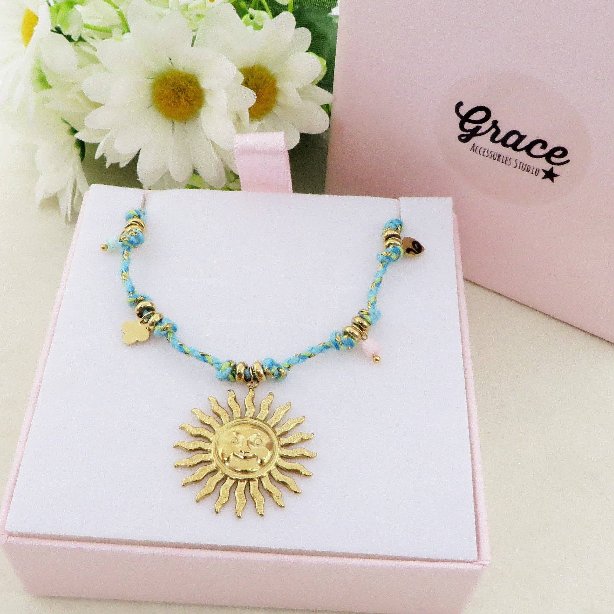 Daemon srls – Engroshandel Halskæde med vedhæng – SOLEA COLLANA - Rustfrit stål - Flettet halskæde med sol og ædelsten0