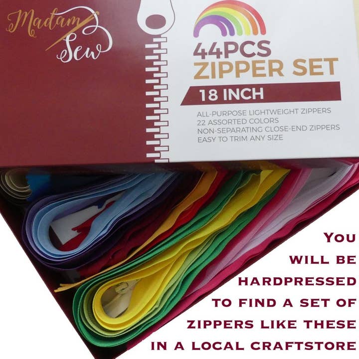 Madam Sew - Wholesale Craft Supplies - Zipper Sets - 44 pcs/box - 22 colors - Large 18in3