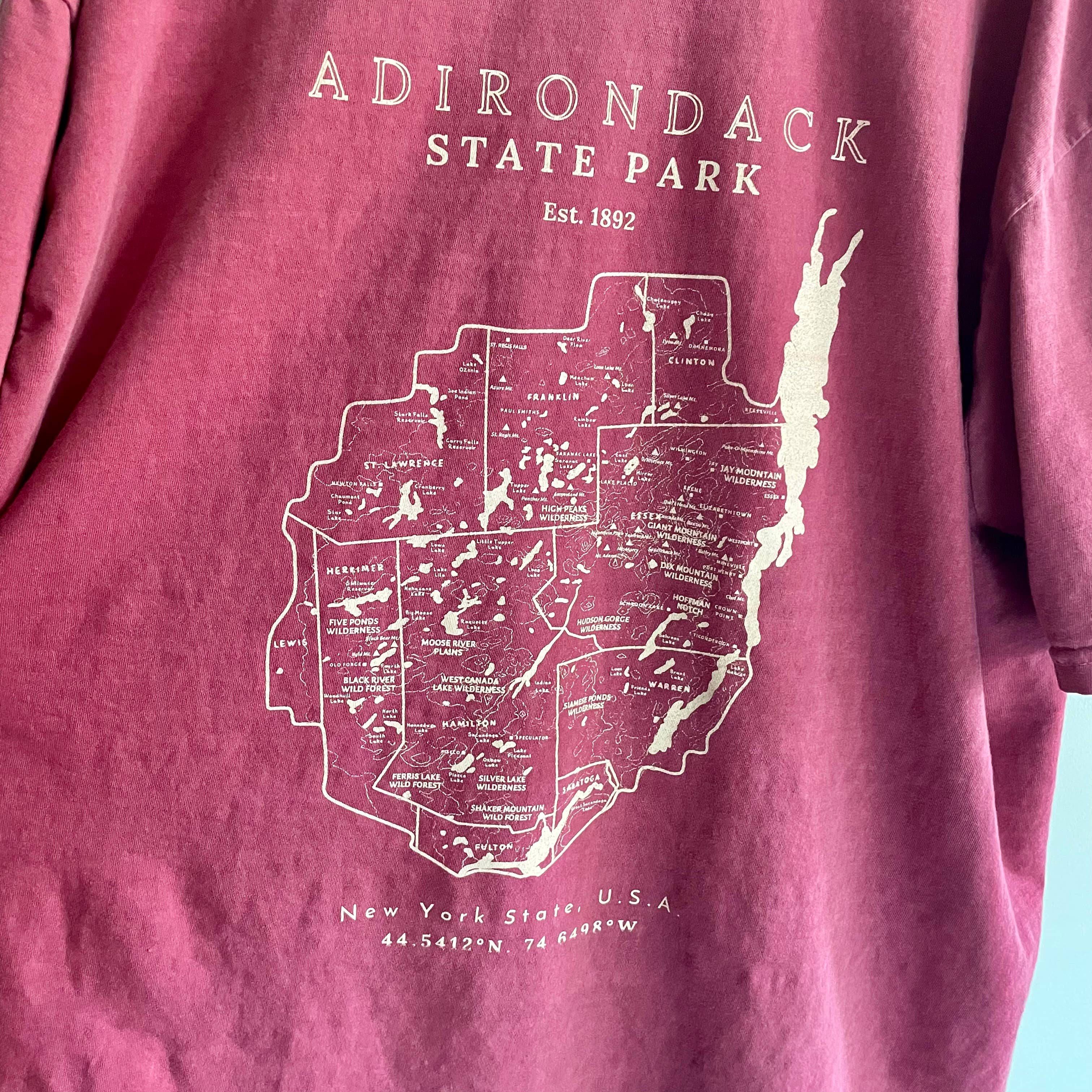 Just Wandering Co. - Wholesale Screen Printed T-Shirt - Unisex - Adirondack Park Map Short Sleeve Shirt | Plattsburgh, New Yo9