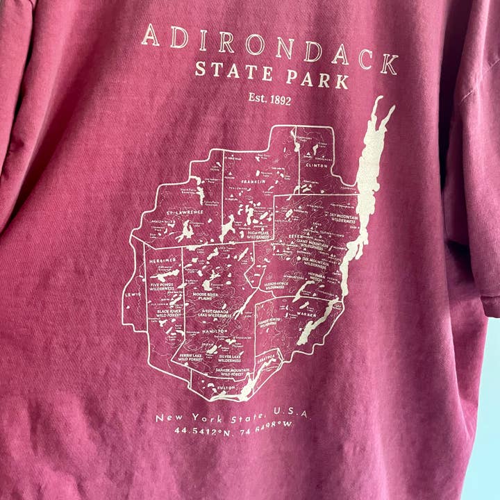 Just Wandering Co. - Wholesale Screen Printed T-Shirt - Unisex - Adirondack Park Map Short Sleeve Shirt | Plattsburgh, New Yo9