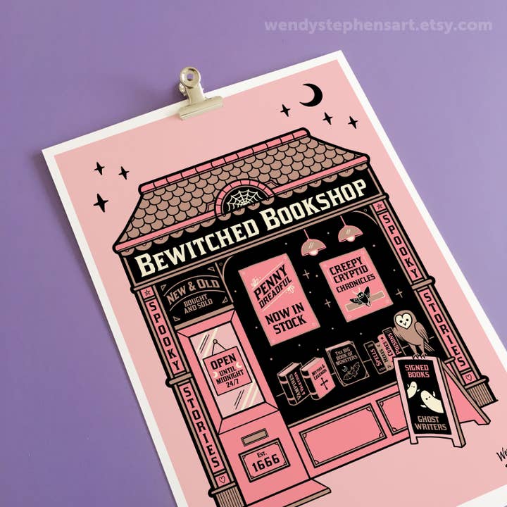 Bewitched Bookshop Witch Print Gothic Art Print for wholesale by Wendy Stephens Art