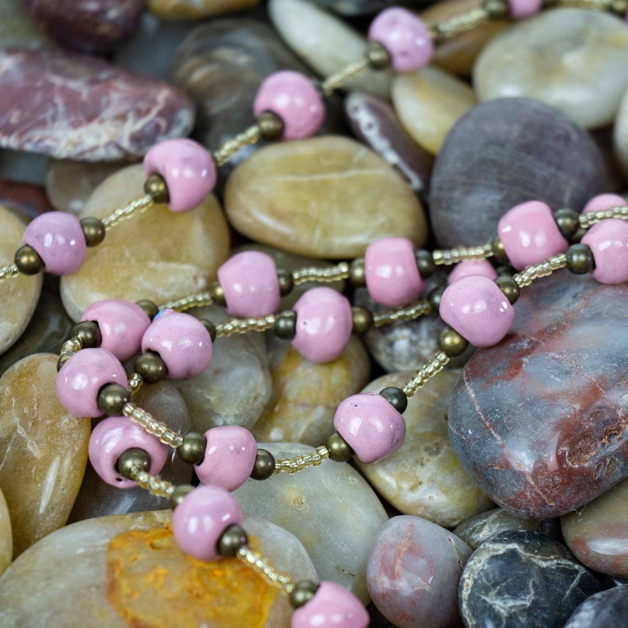 Global Crafts - Wholesale Beaded/Pearl Necklace - Haiti Clay Bead Long Necklace, Pink2