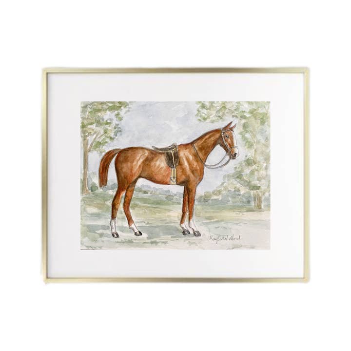 "Vintage Chestnut Horse and Saddle" (PRINT) for wholesale by Kayla Weber Art