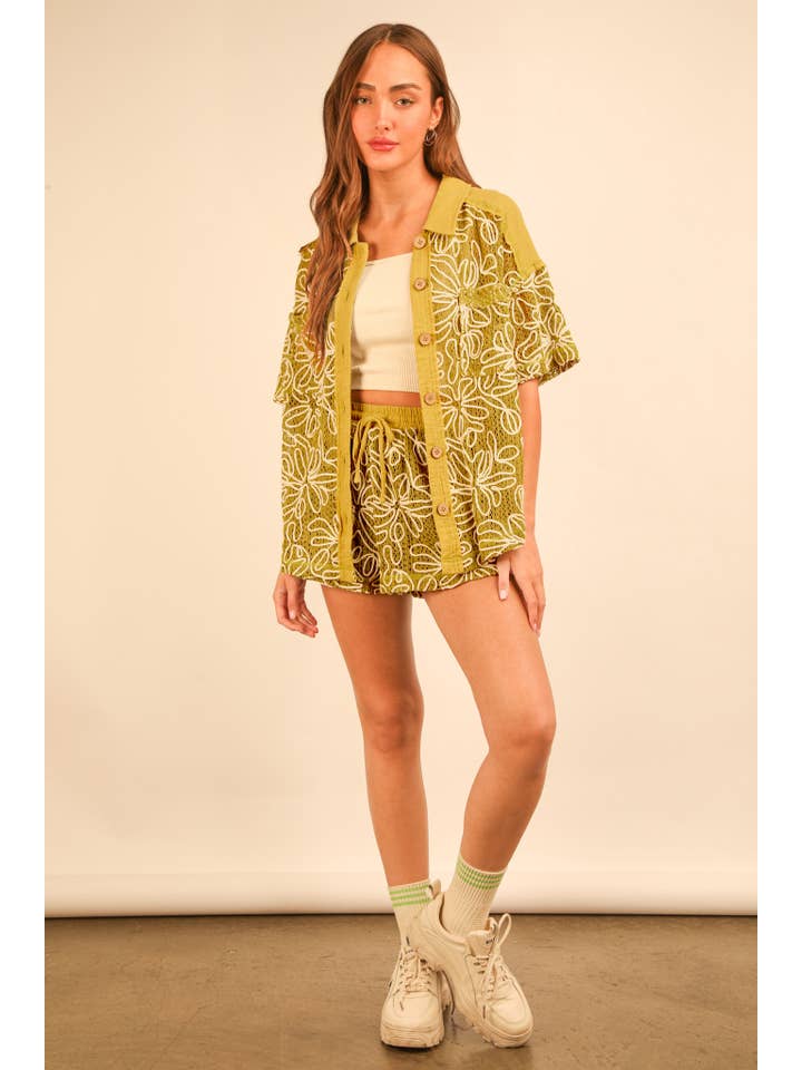 VERY J - Wholesale Lounge Set - Women's - NT11975SET-Printed Casual Shirt Top & Shorts Set