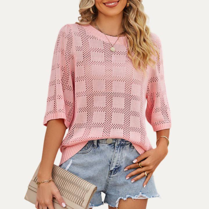 The Moment Collection - Wholesale Gebreide top - Dames - Mooie gebreide Pointelle top met geruite patroon en korte mouwen