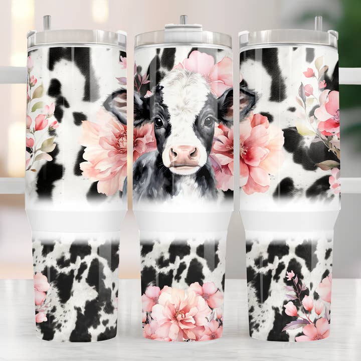 Bessy Cow with Florals Western Themed 40 oz. Stainless steel tumbler for wholesale by Cedar Hill Country Market