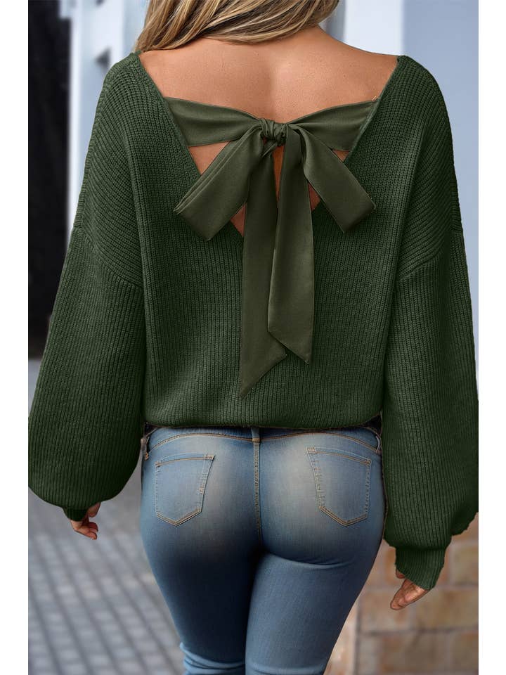 Aapparella - Wholesale Knit Sweater - Women's - Grace Knot Back V Neck Puff Sleeve Sweater | S-XL